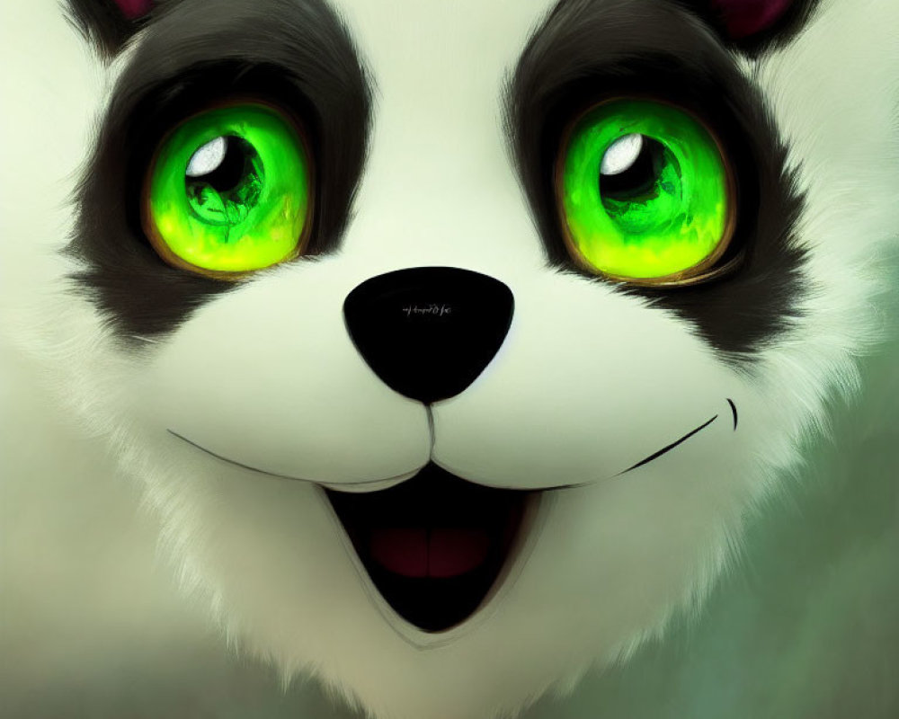 Detailed Cartoon Panda Illustration with Bright Green Eyes and Black Nose