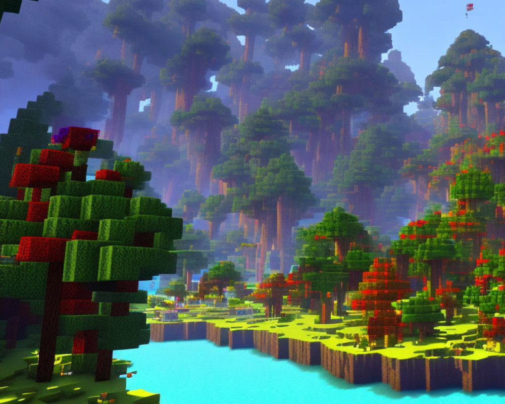 Pixelated block-style forest scene by a calm river in sandbox game