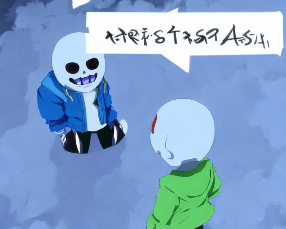 Skeleton in Blue Jacket Laughing Faces Character with White Head and Green Hoodie