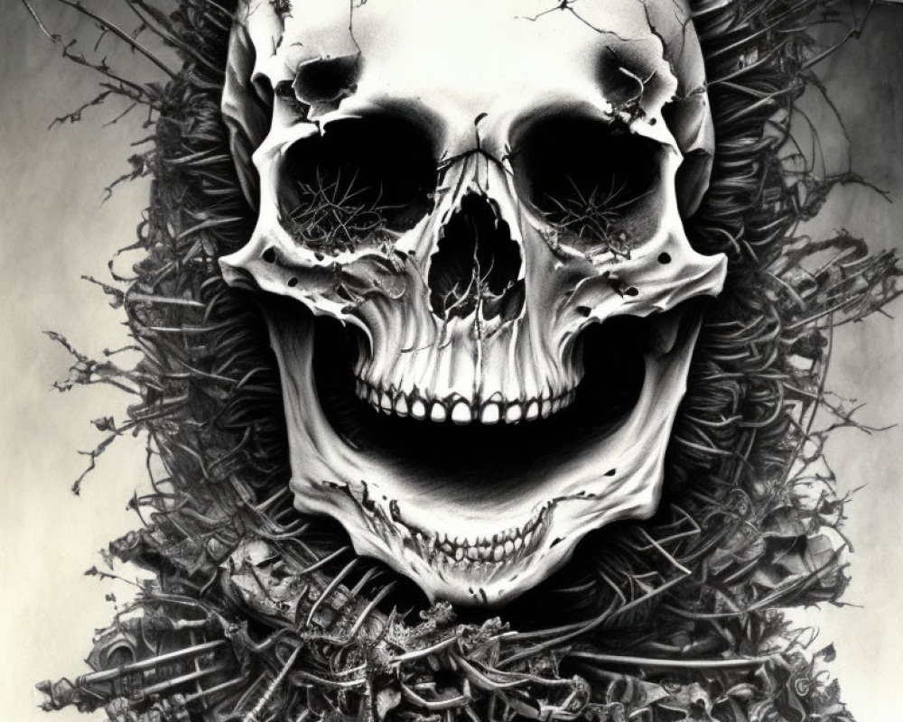 Monochrome artwork of ominous skull with intricate patterns