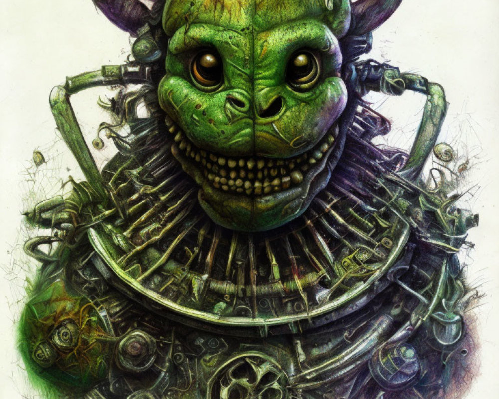 Whimsical mechanical creature with green reptilian head and typewriter parts body