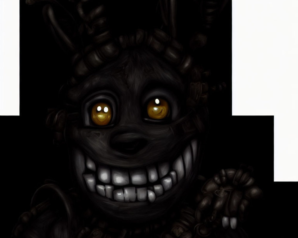 Grinning anthropomorphic animatronic character with yellow eyes and mixed textures in dark setting