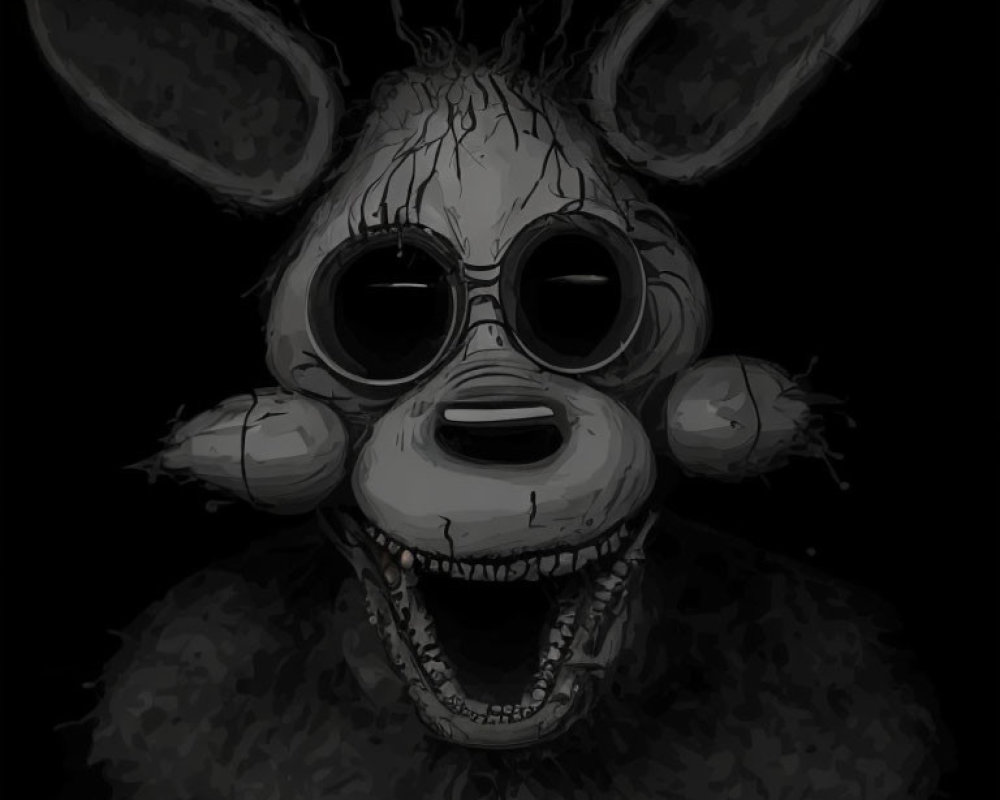 Monochrome illustration of a grinning, wide-eyed creature with big ears and sunglasses