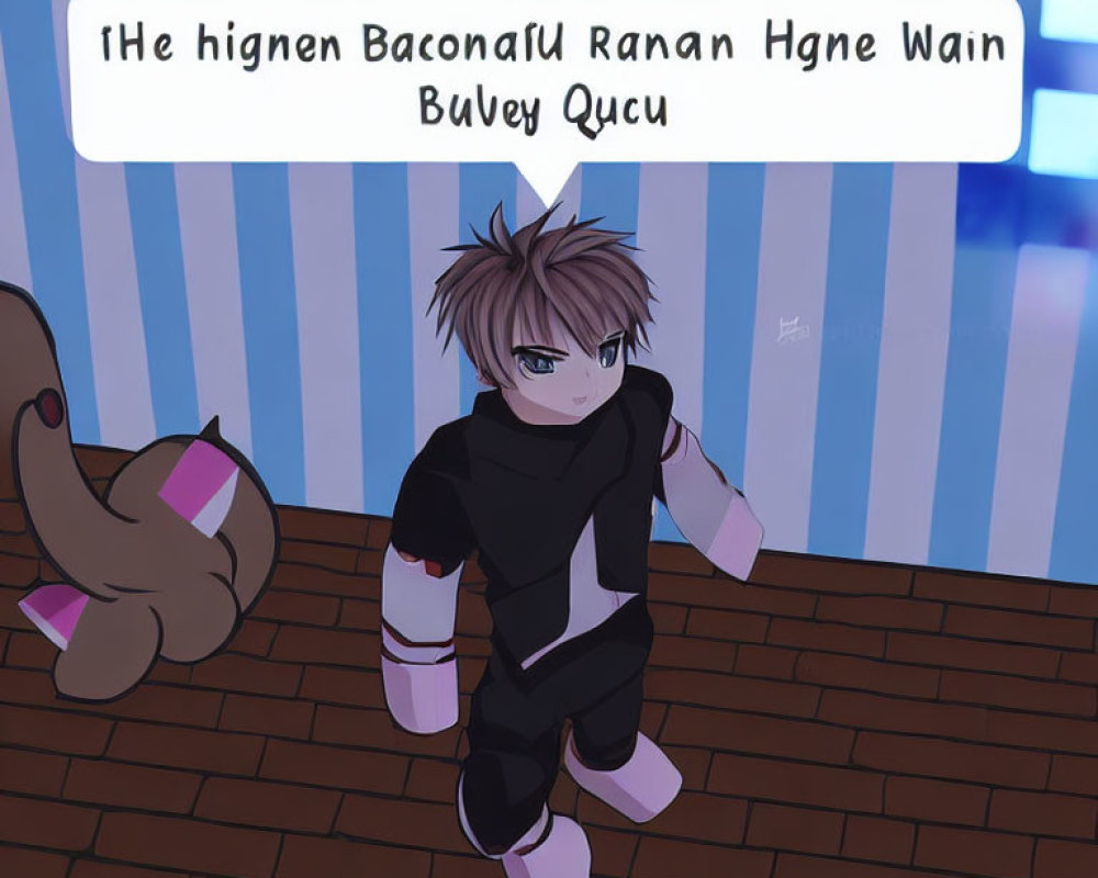 Anime-style character with brown hair in black clothes on wooden floor with plush toy