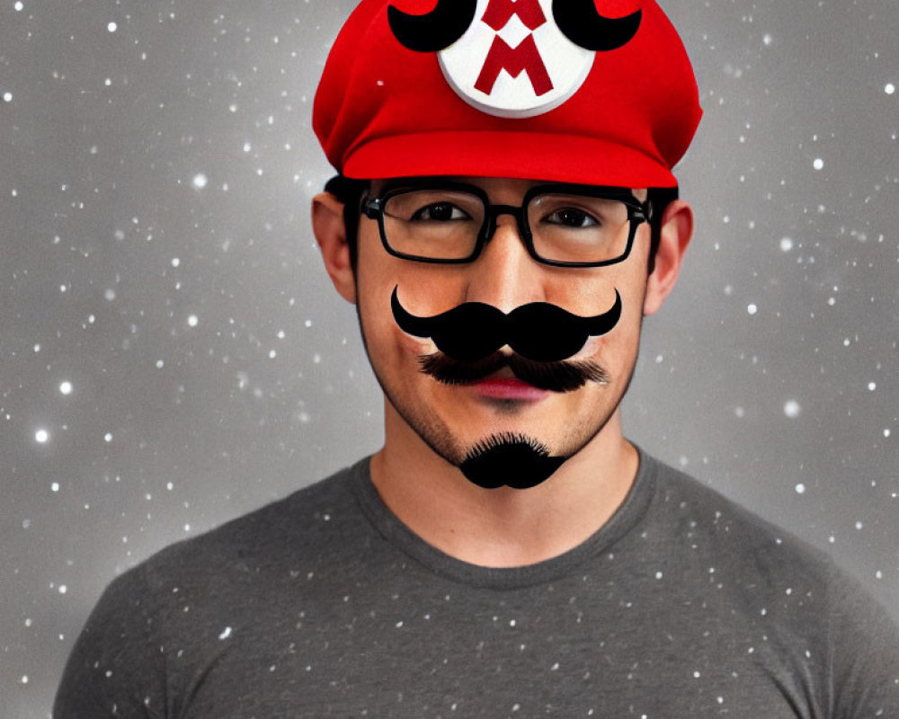 Character with Super Mario red cap, black glasses, and fake mustache on grey background