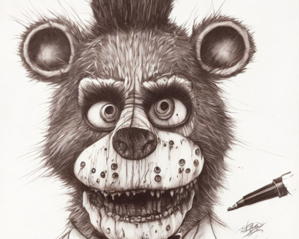 Detailed pencil sketch of a menacing anthropomorphic bear with wide eyes, toothy grin, bow tie,