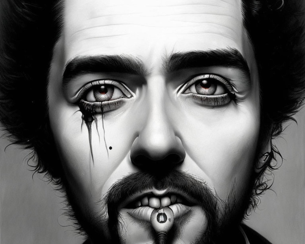 Monochrome hyper-realistic portrait of a man with tear and smoke elements