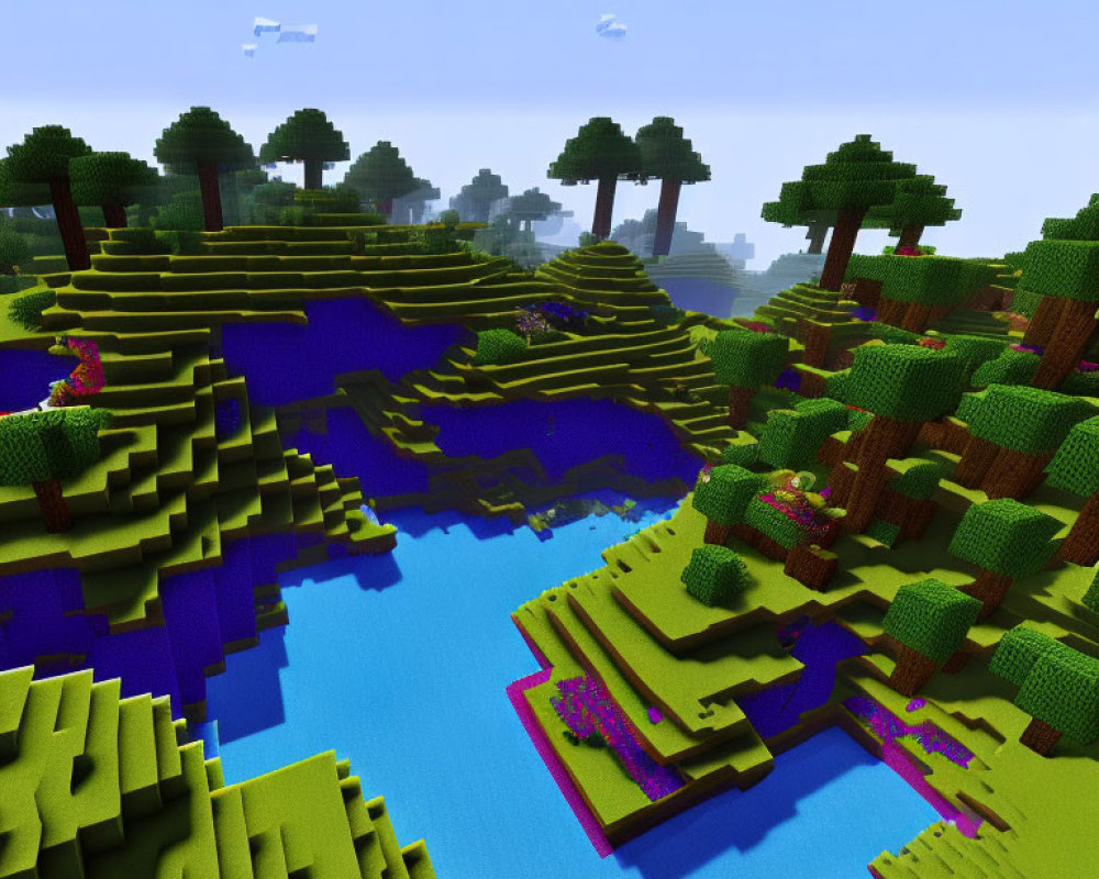 Colorful Blocky Landscape with Blue Waters and Green Terrain