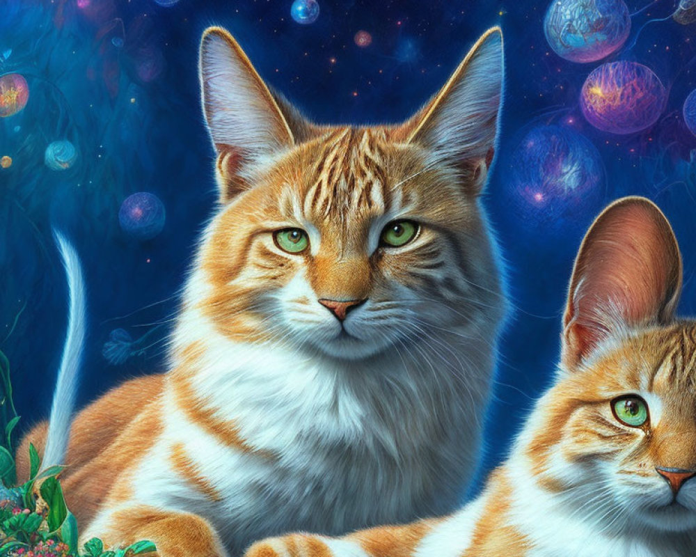 Orange Striped Cats with Green Eyes in Cosmic Nebulae Scene