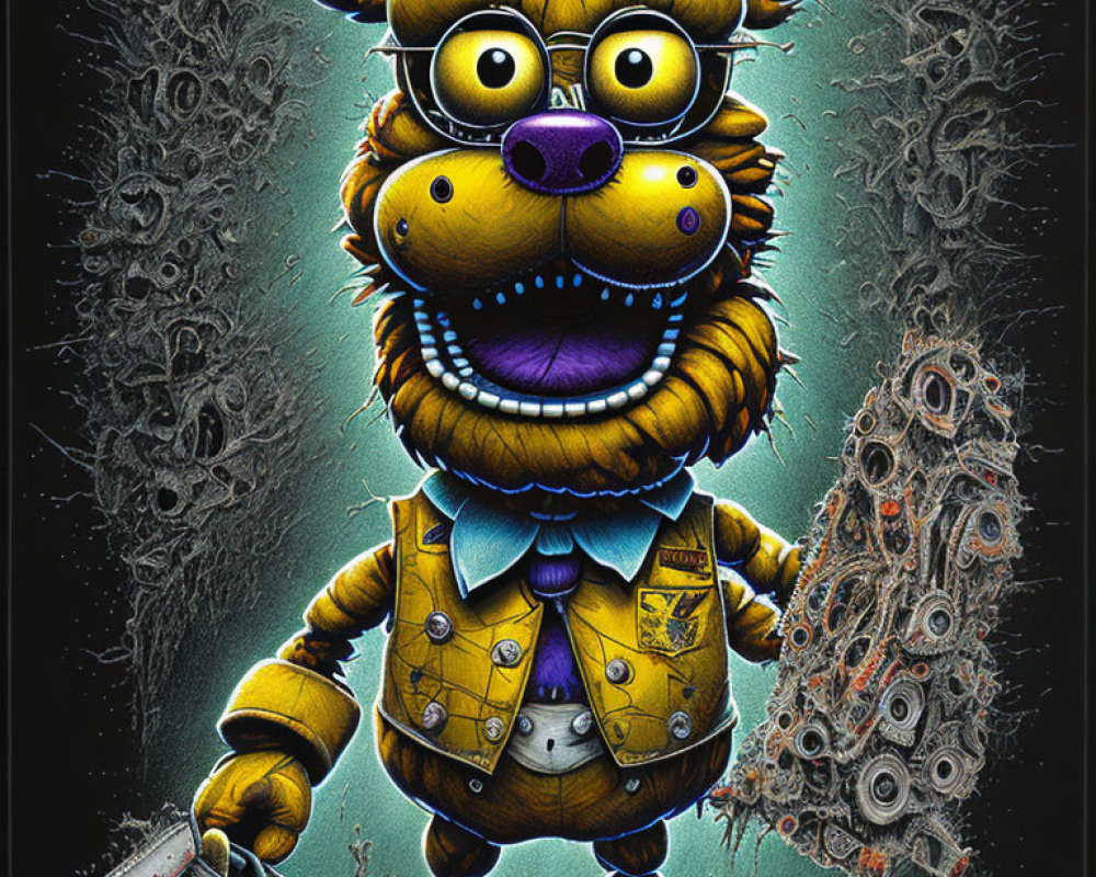 Yellow Bear with Chainsaw in Grungy Background