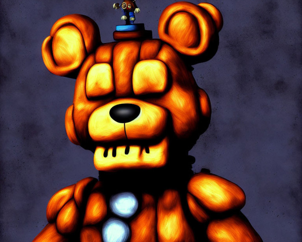 Stylized illustration of large animatronic bear with glowing parts and small blue figure on head
