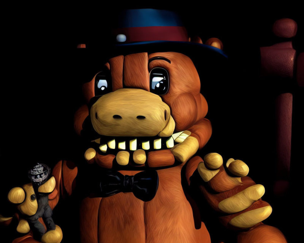 Brown Bear with Top Hat, Bowtie, and Sharp Teeth in Dimly Lit Setting