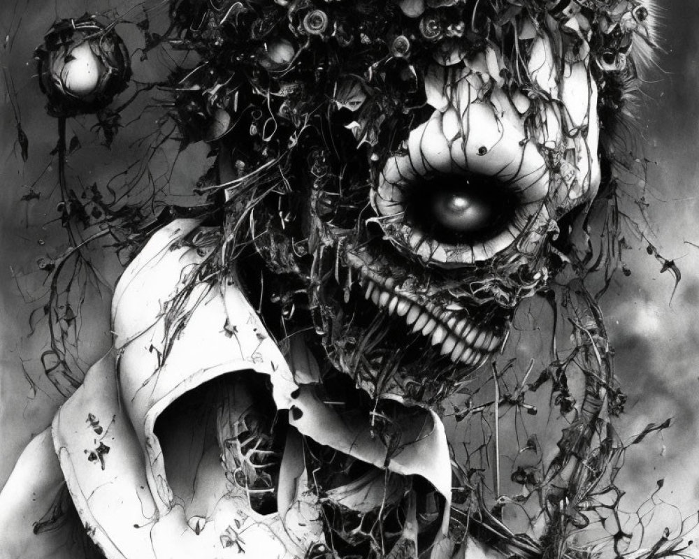 Monochrome artwork of grotesque figure with large eye and intricate textures