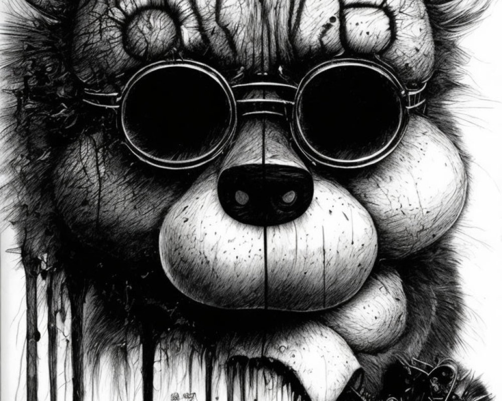 Detailed Black and White Stylized Bear Face Drawing with Sunglasses