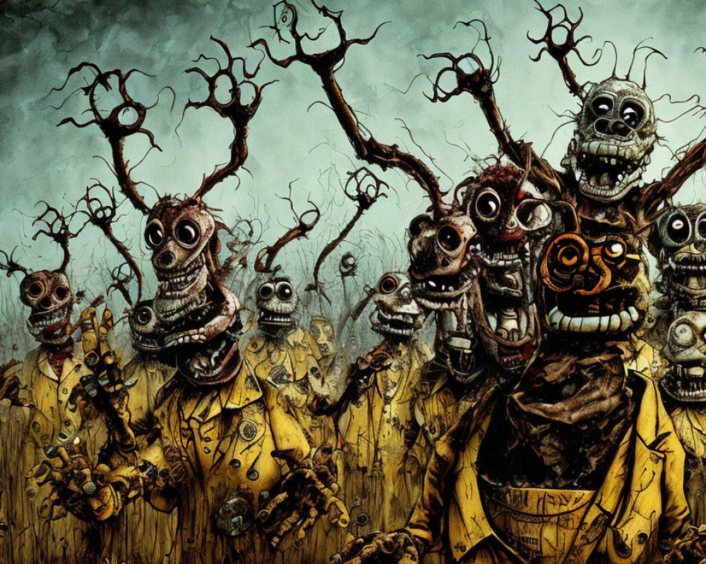 Sinister mechanical scarecrow figures with multiple eyes and twisted trees