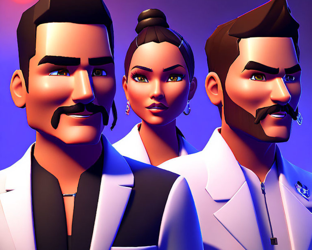 Three stylized characters in white suits under purple lighting