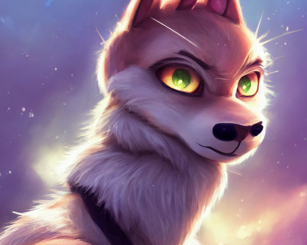 Stylized fox with bright green eyes on colorful background