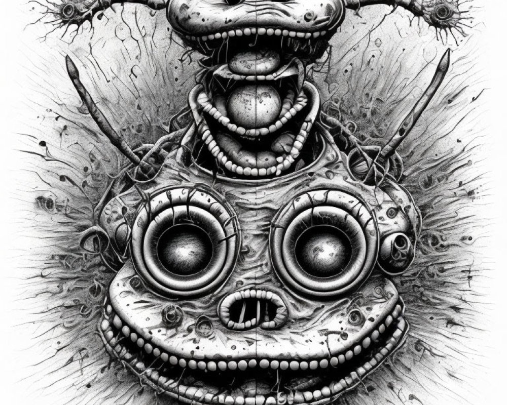 Monochrome sketch of stylized robotic creature with multiple eyes and antennas