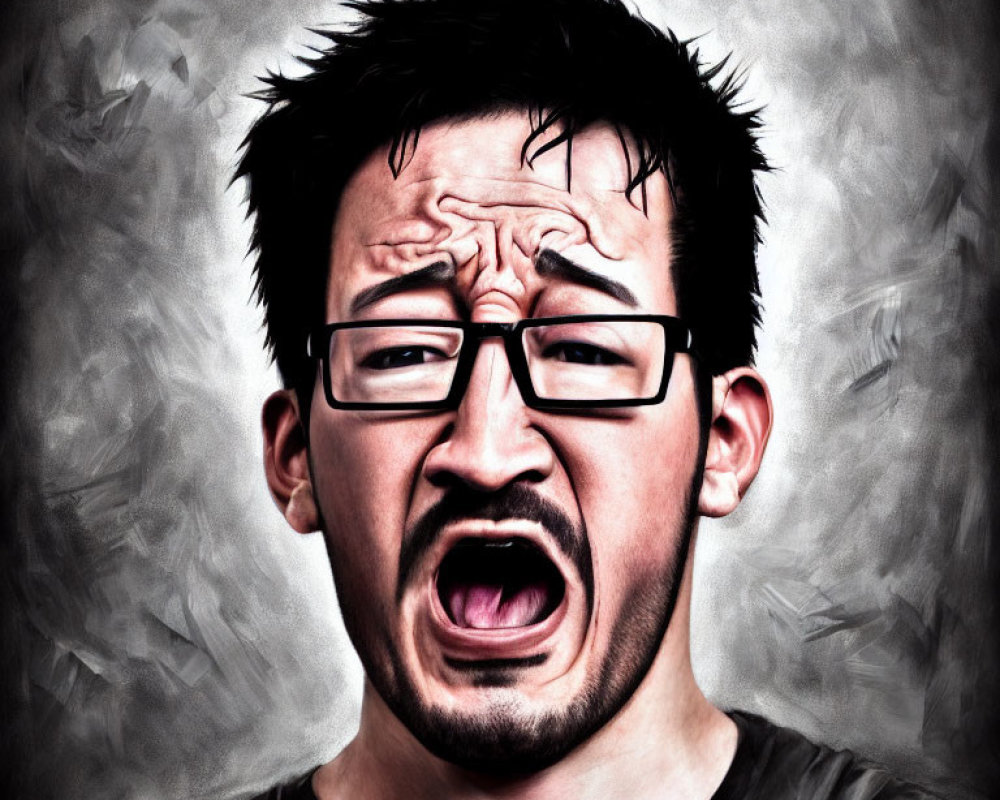 Man grimacing with exaggerated facial features and high-contrast stylized effect.