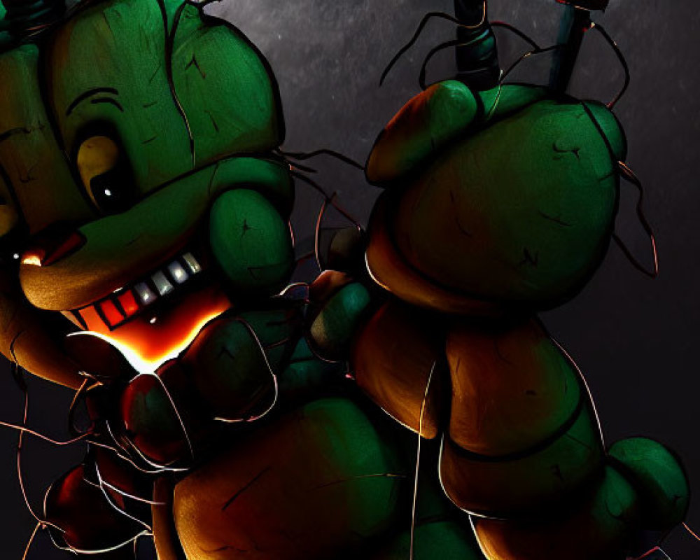 Menacing Green Animatronic Creature with Glowing Eyes in Dark Setting