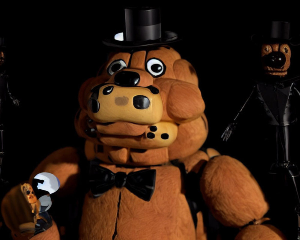 Anthropomorphic brown bear plush toy with black hat and bow tie, surrounded by shadowy figures with
