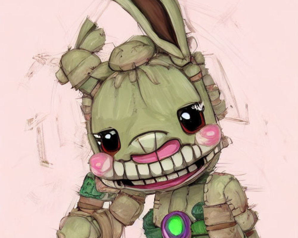 Whimsical robotic rabbit with green body and glowing chest element