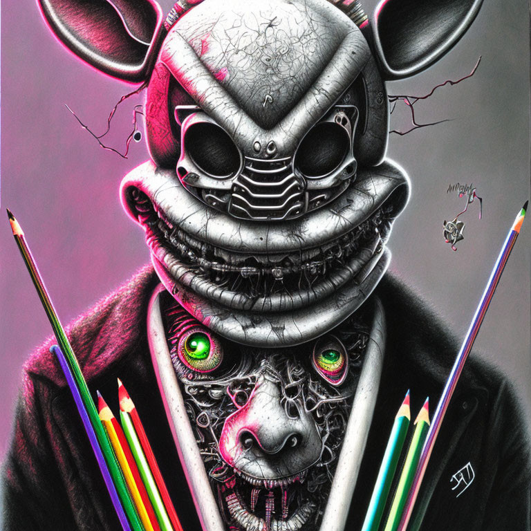 Surreal illustration of cracked rabbit mask on humanoid face with green eyes, holding colored pencils on purple