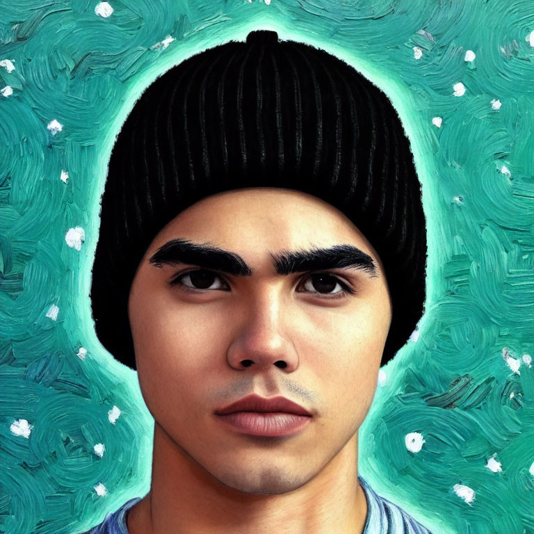 Prominent Eyebrows Portrait in Black Beanie on Teal Background