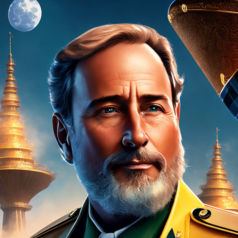 Digital illustration: White-bearded man in military uniform with moon and pagodas.