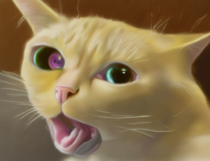 Cream-colored cat with mismatched eyes in digital painting