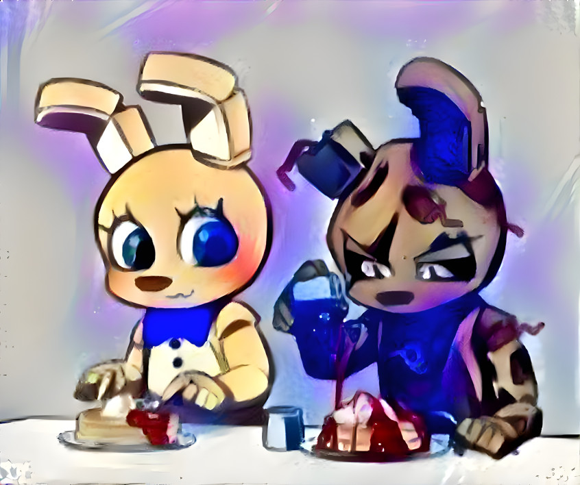 Springtrap and Spring-bonnie eating pancakes