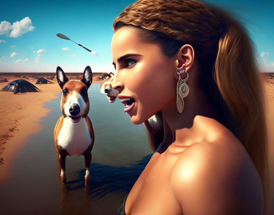 Woman and dog with human-like faces by desert water body with jumping fish and flying arrow