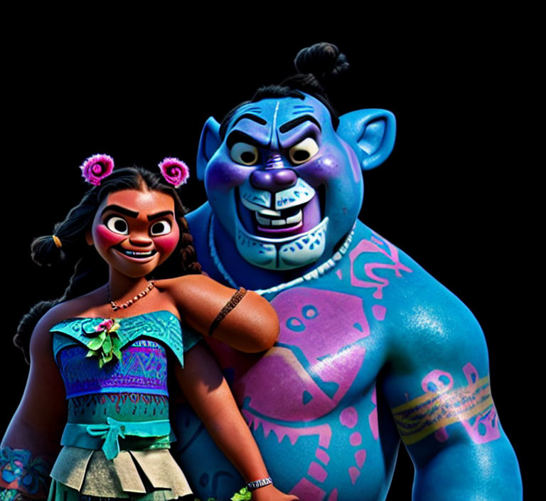 Blue-skinned character with tattoos and flower-haired character smiling on dark background