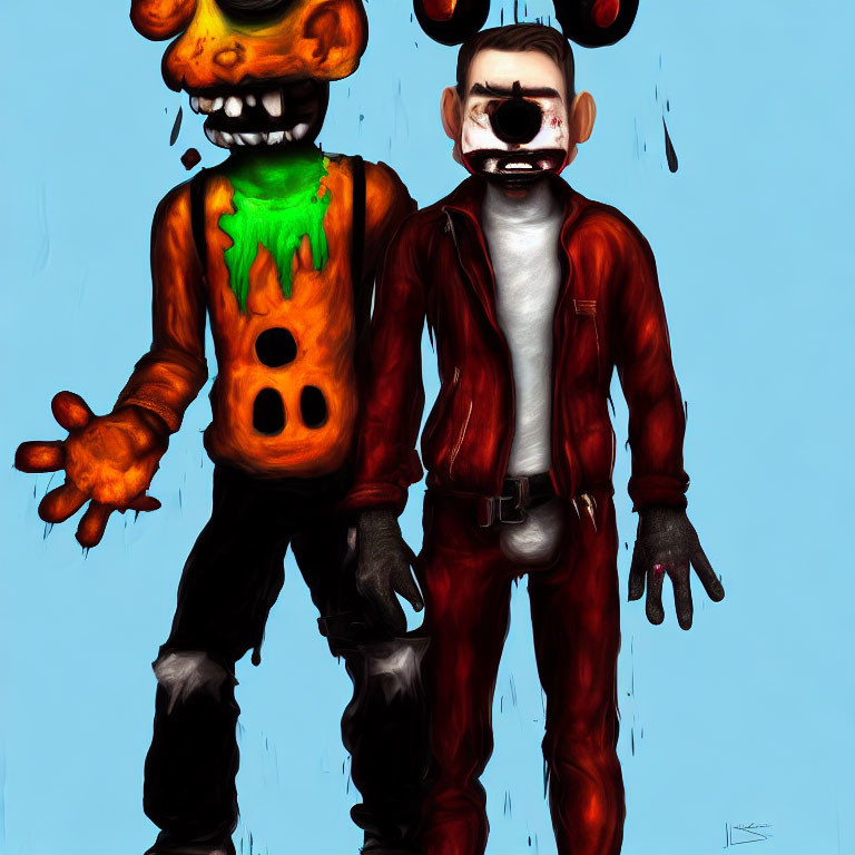 Animated characters with pumpkin head and green glow, alongside human-like figure in red jacket and black pants.