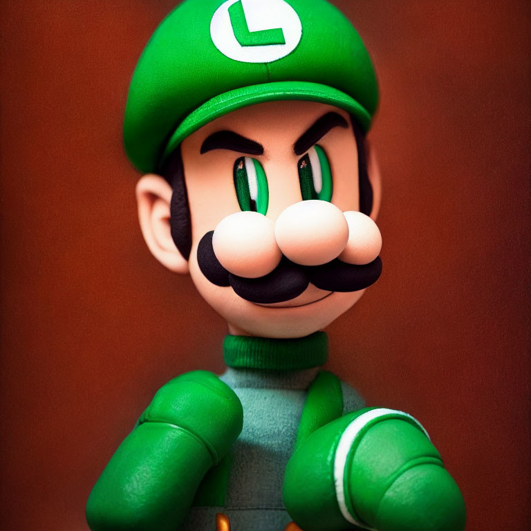 Green-hat Luigi Figurine with Big Eyes and Mustache on Brown Background