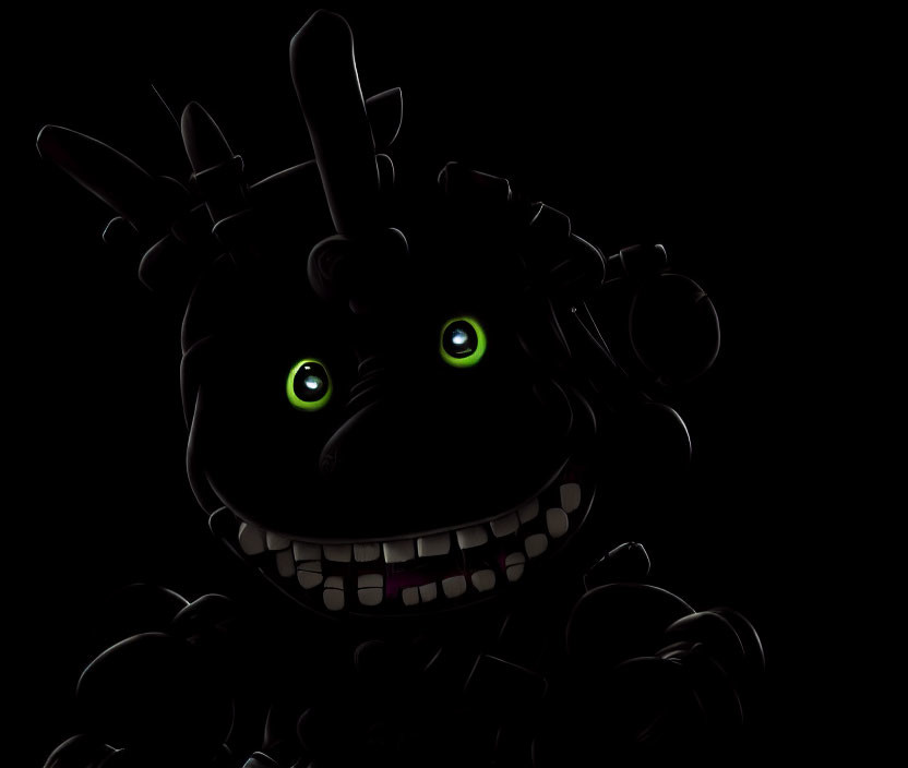 Mysterious figure with green eyes and wide grin on black background