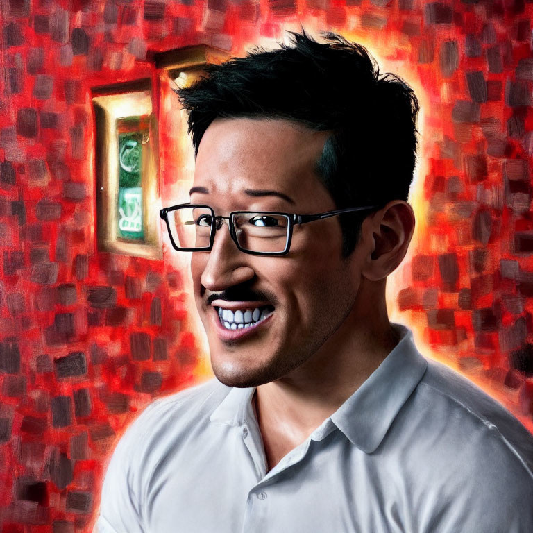 Smiling man with glasses in light shirt on red background
