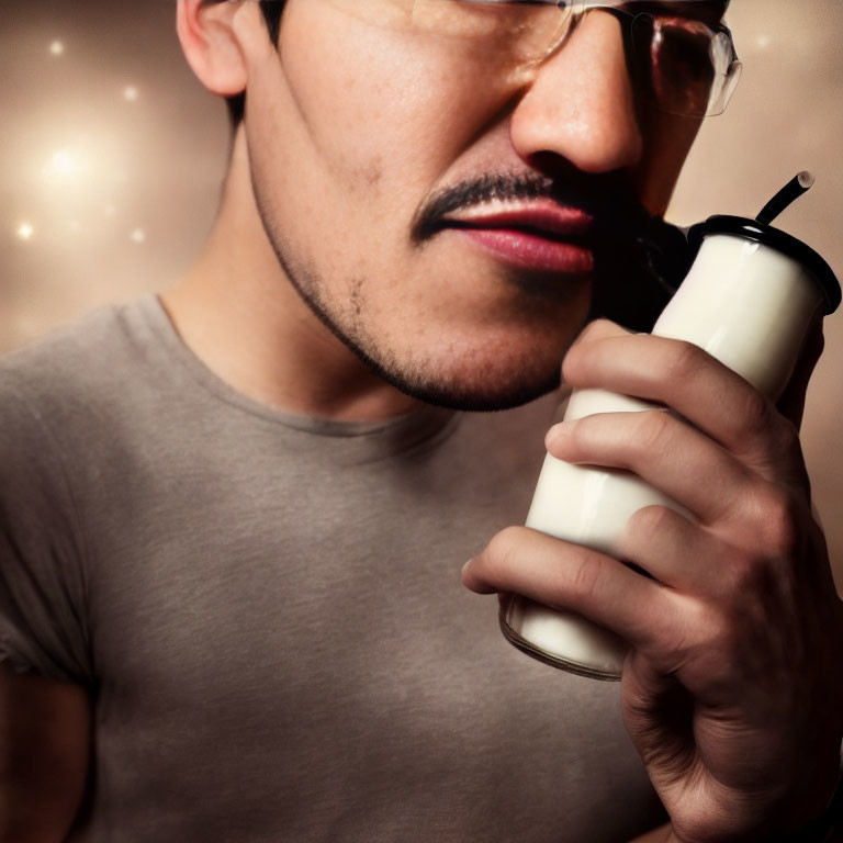 Mustached man sipping from reusable straw cup on sparkly background