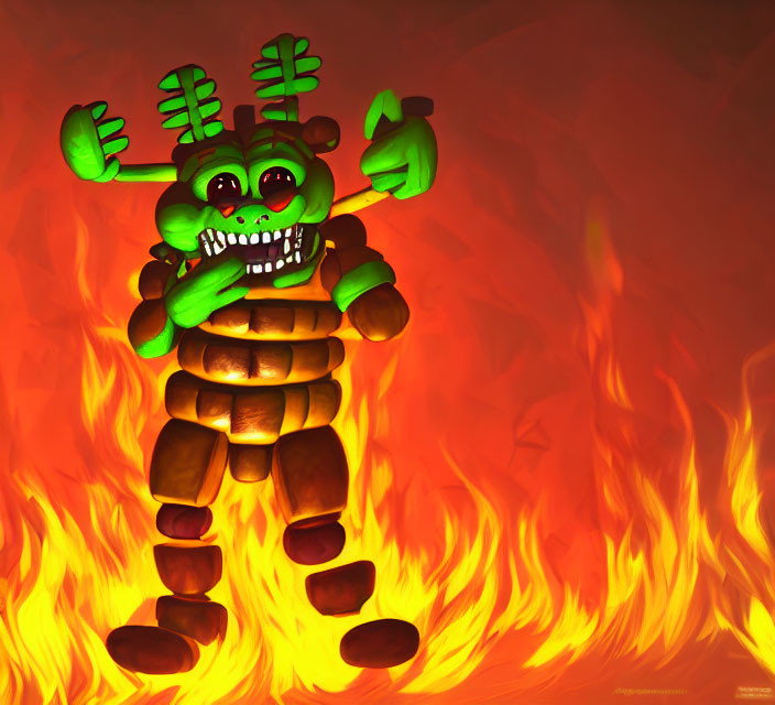 Green robotic character with antlers and multiple eyes in front of flames