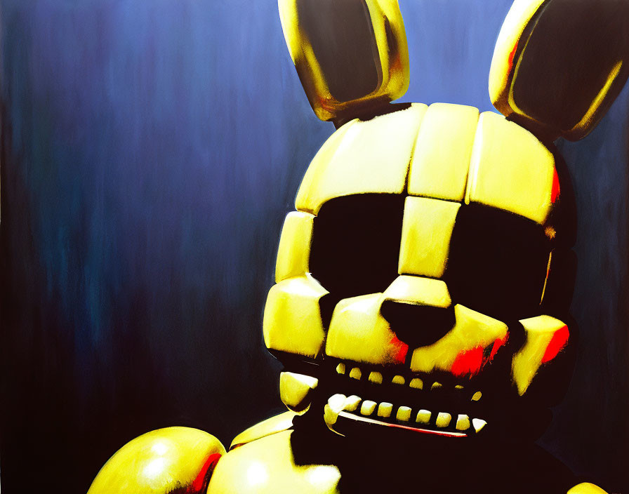 Vibrant painting of yellow animatronic rabbit with exaggerated ears on dark background
