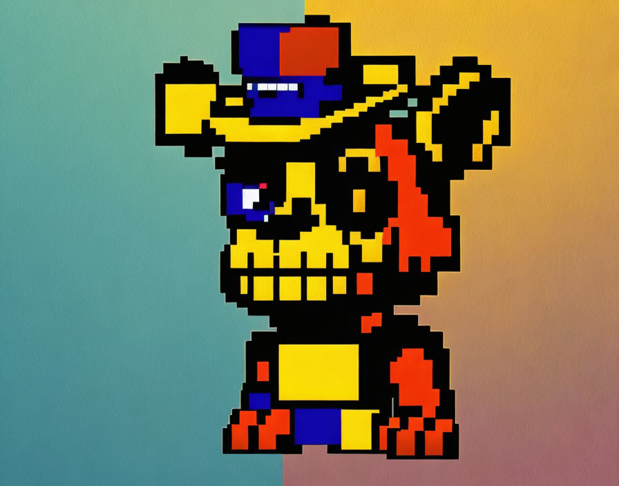Colorful Grinning Character Pixel Art with Hat on Gradient Background