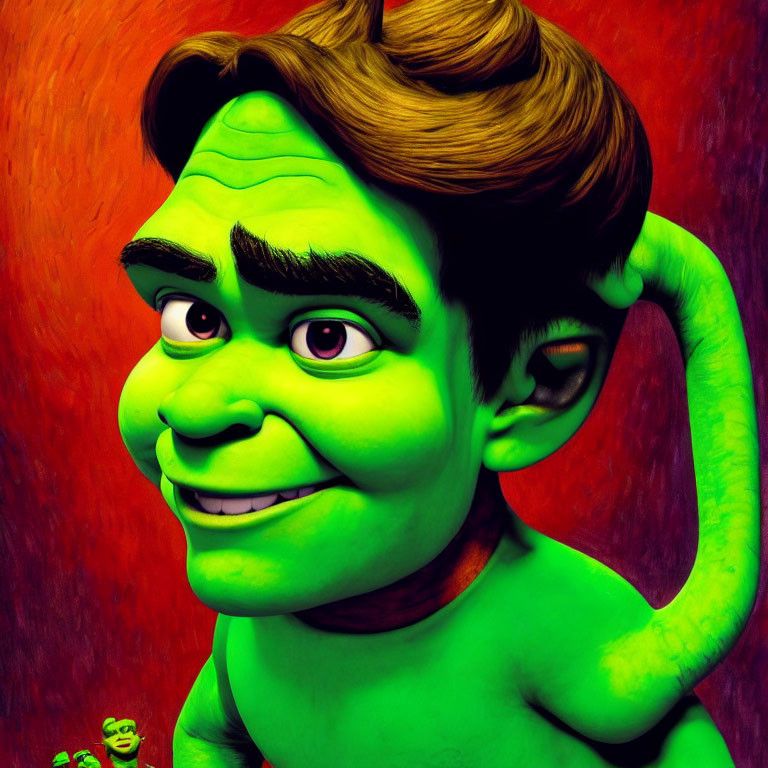 Smiling green-skinned ogre with brown hair on red background