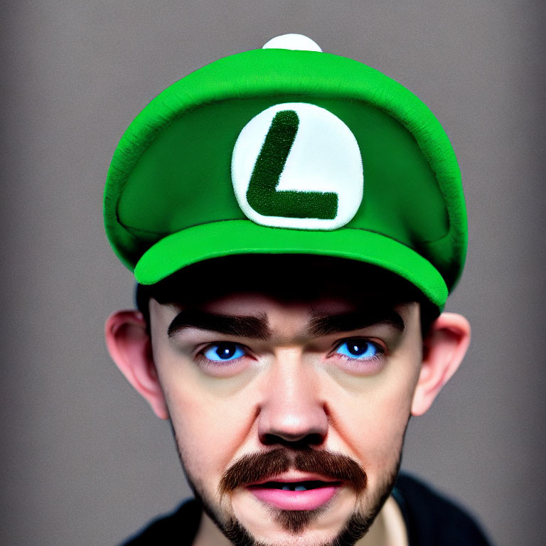 Exaggerated-eyed person in green cap with letter "L" like Mario character.