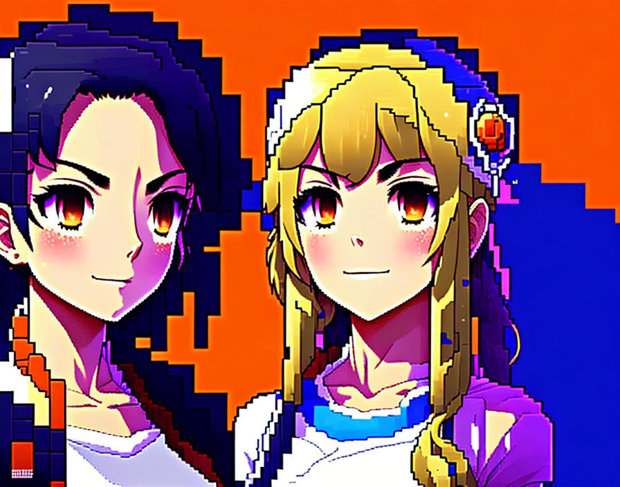 Pixel Art: Two Characters on Orange and Blue Background - Purple Hair, Red Eyes & Blonde with Head