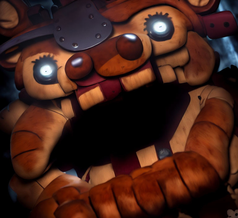 Menacing animatronic bear with glowing blue eyes and open mouth on dark background