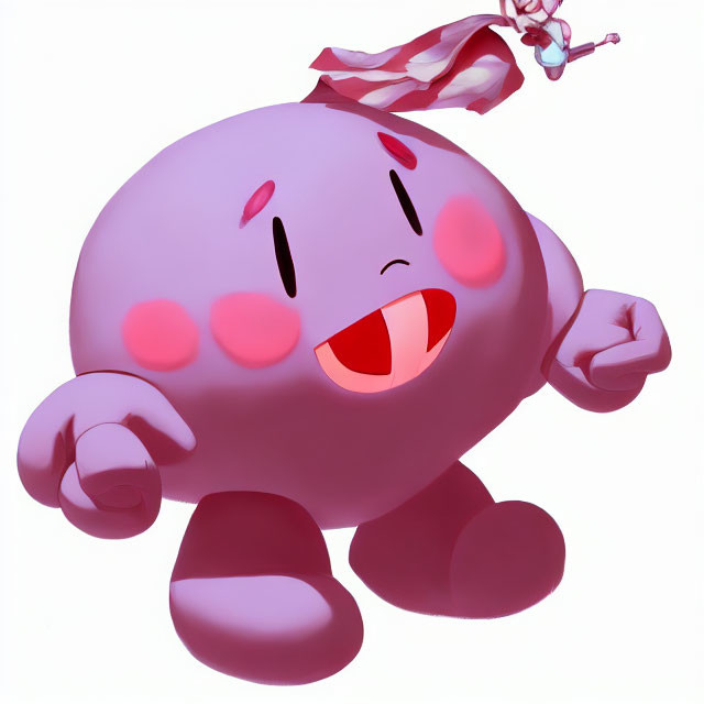 Pink animated character winking and waving with a red swirl on cheek