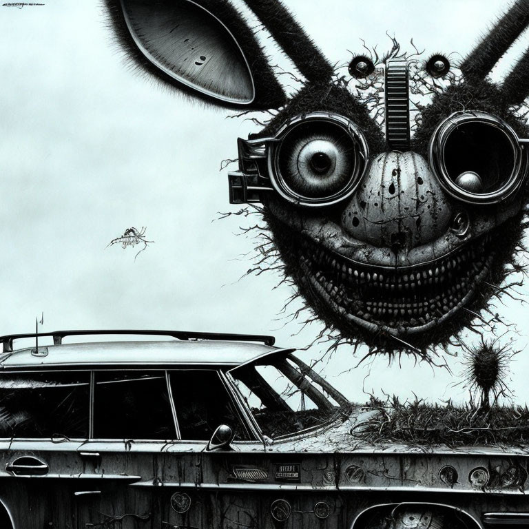 Monochrome surreal artwork: robotic rabbit head, vintage car, detailed eyes, flying insect