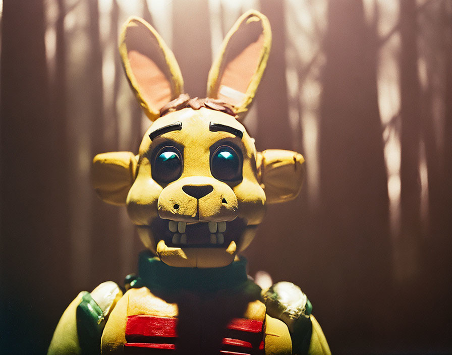 Creepy animatronic rabbit in dimly lit room