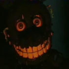 Menacing robotic bear with glowing red eyes and sharp teeth on dark background