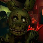 Stylized animatronic characters with glowing eyes in dimly lit room